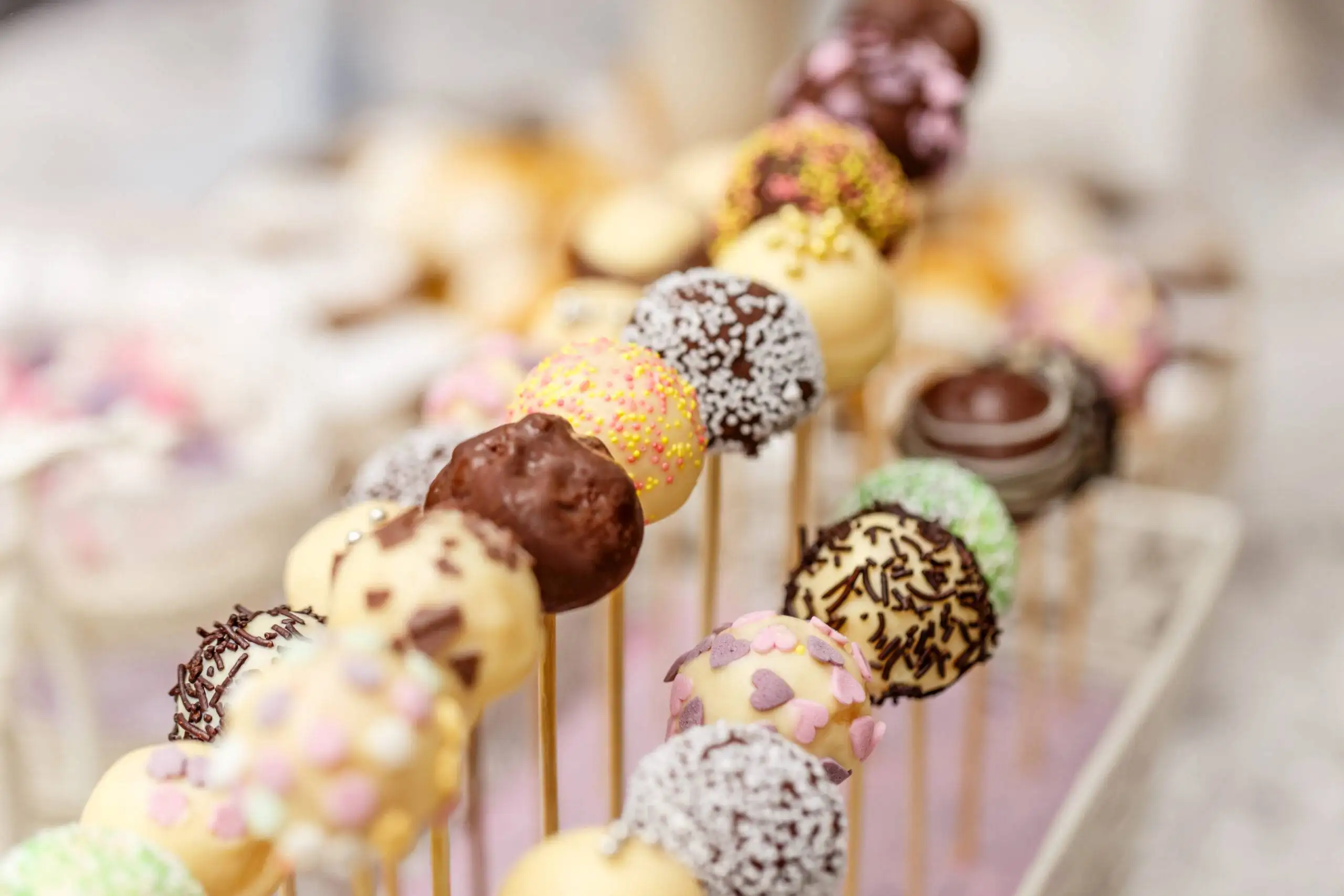 Wedding cake pops on dessert table - Sugarspoon Desserts